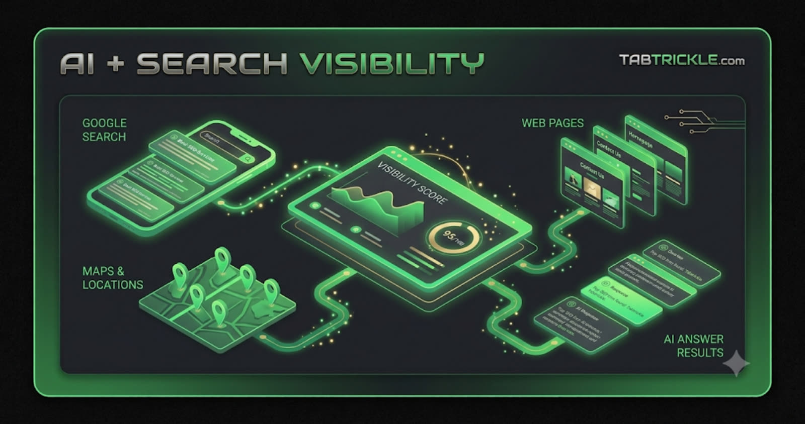 Tabtrickle AI and search visibility audit dashboard — Google search, Maps, web pages, and AI answer results