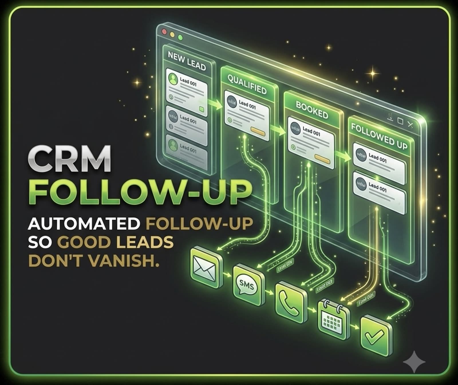 Tabtrickle CRM pipeline — new lead, qualified, booked, followed up, with email, SMS, call, and calendar automation