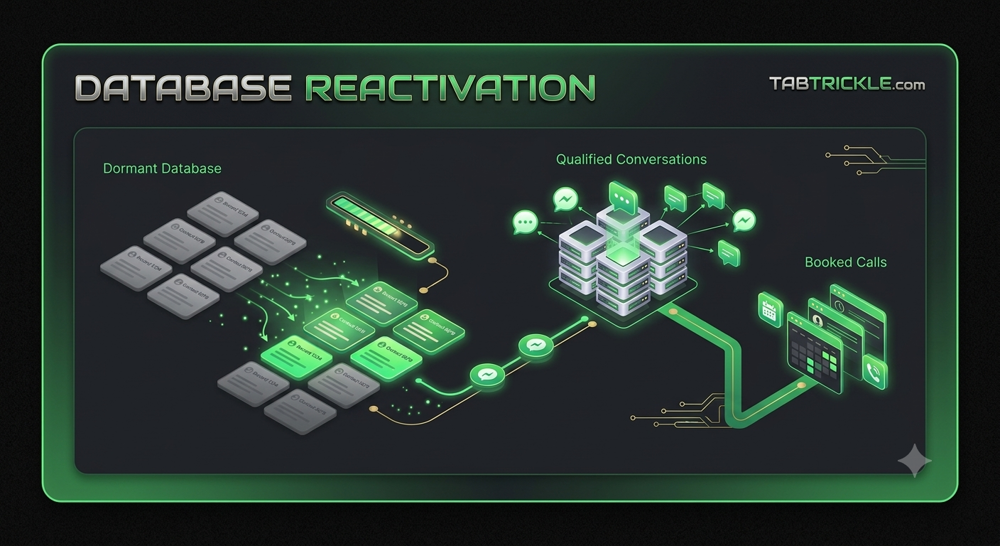 Tabtrickle database reactivation — dormant leads scanning into qualified conversations, then booked calls