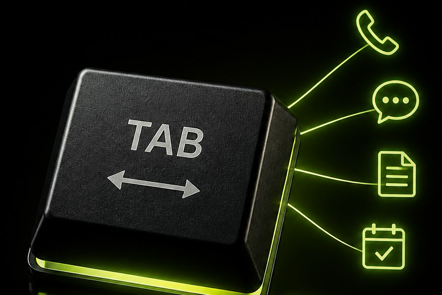 A TAB key wired out to four symbols: a phone handset, a chat bubble, an enquiry form and a booked calendar date