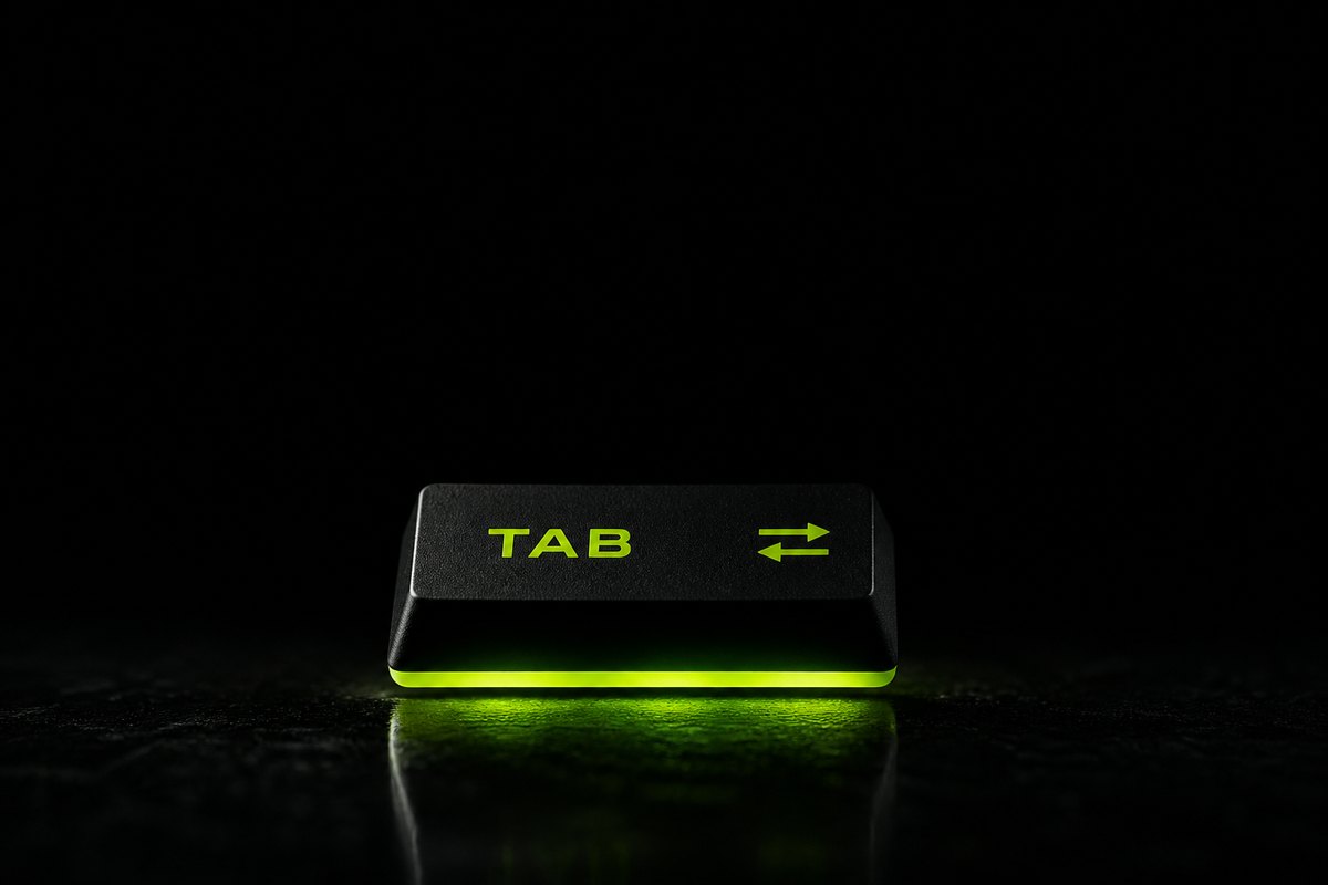 A single wide TAB key alone in the dark, lit only along its base