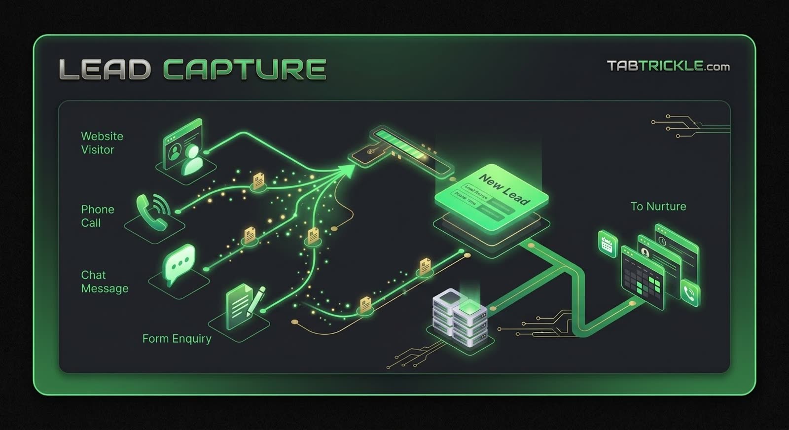 Tabtrickle lead capture — website visitor, phone call, chat message, and form enquiry all converging into one new lead