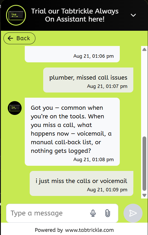 Chat transcript: the visitor writes "plumber, missed call issues". The receptionist replies asking what happens to a missed call now — voicemail, a manual call-back list, or nothing logged.